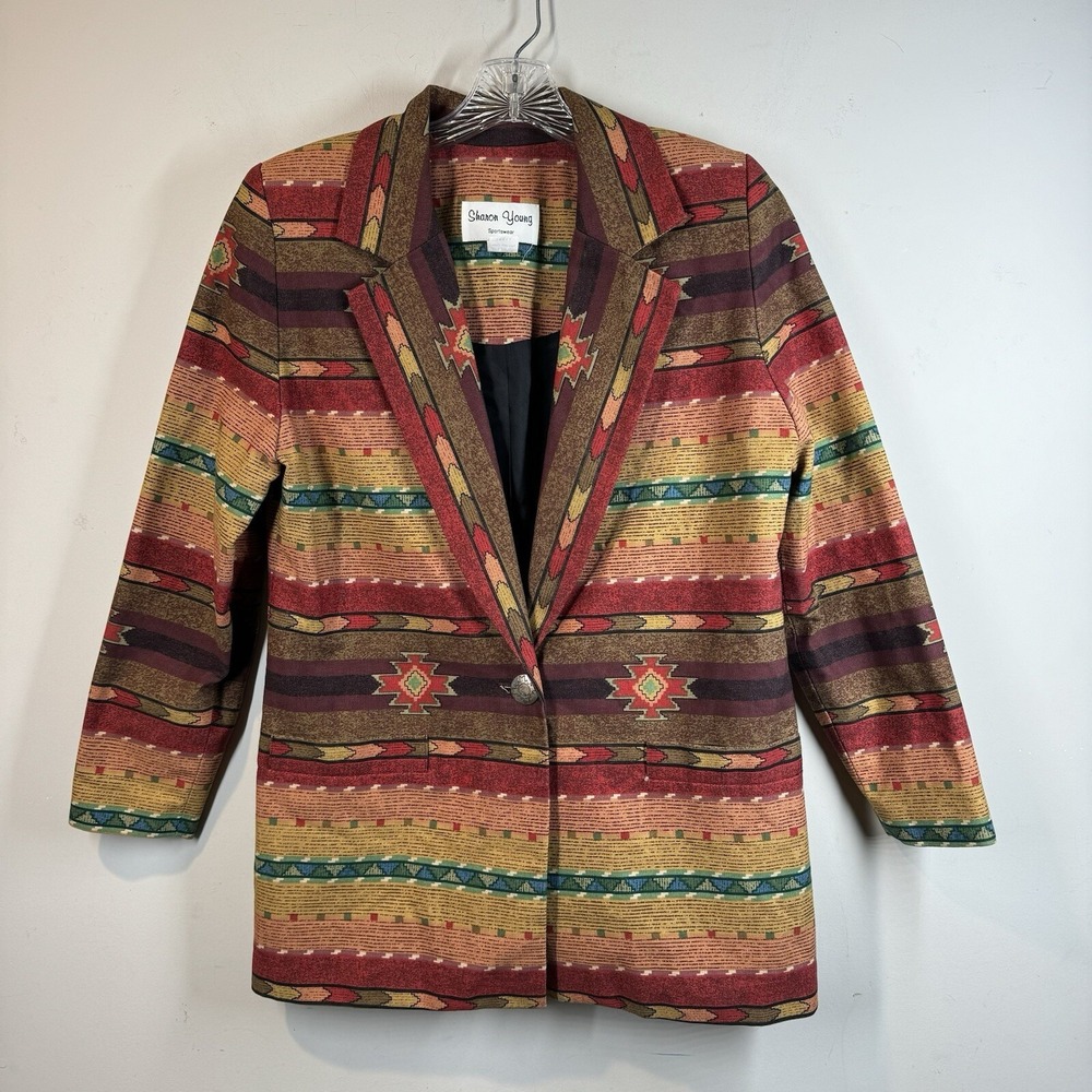 Sharon Young Vtg Aztec Southwest Western Navajo Chore Blazer Jacket Sz S USA Vtg